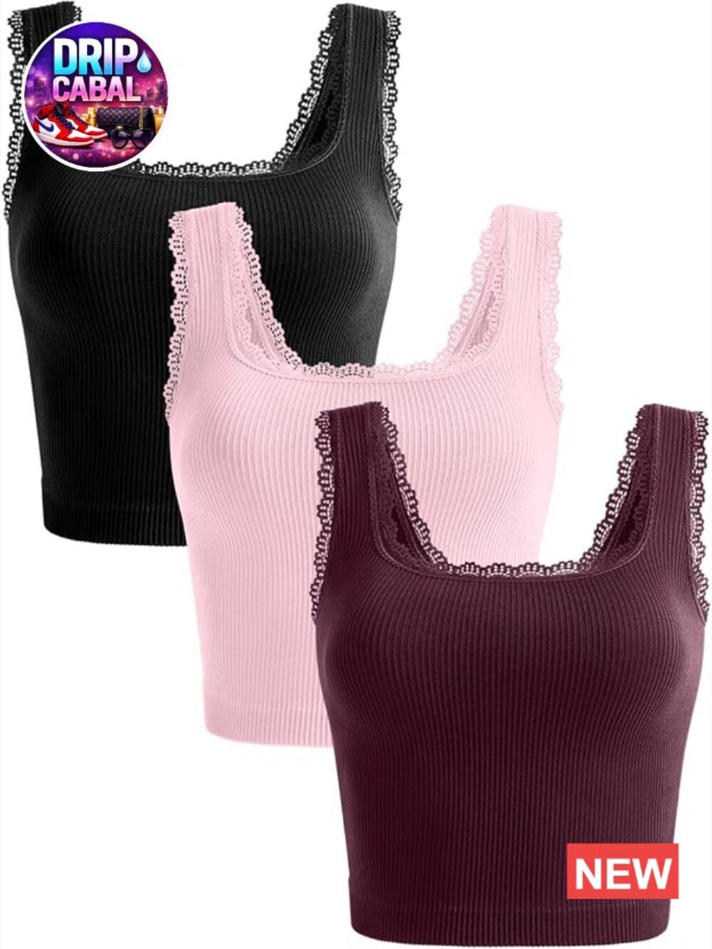 3 Pack Crop Tank Tops Seamless Ribbed Square Neck Sleeveless Workout Yoga Tanks